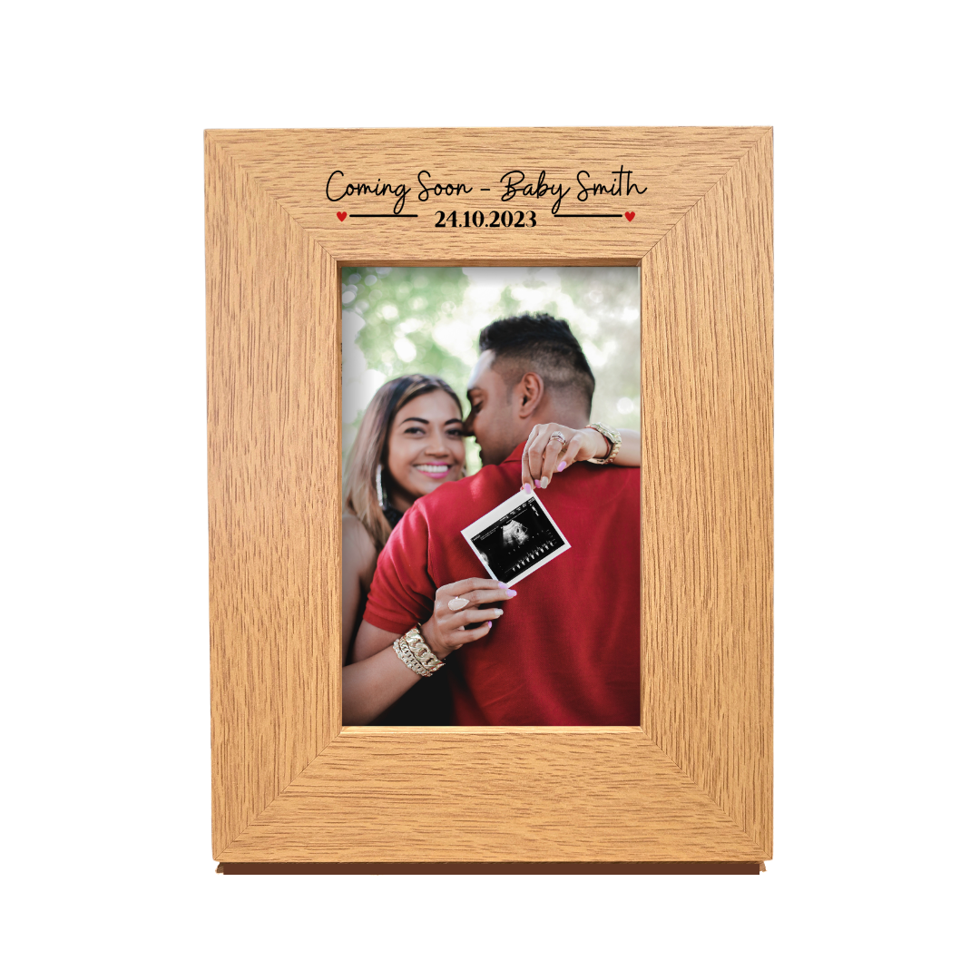Second Ave Personalised Baby Coming Soon Scan Pregnancy Announcement Oak 6x4 Portrait Picture Photo Frame Gift