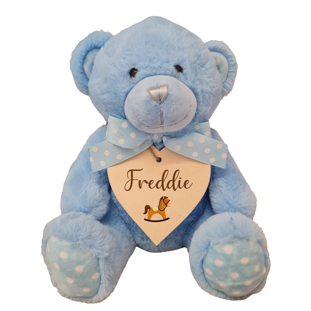 Second Ave Personalised Name Horse Design Blue Teddy Bear Plush Toy With Wooden Heart Tag