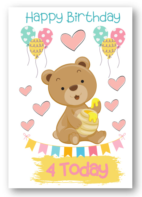 Second Ave Age 4 Children's Kids Bear 4th Birthday Card Greetings Card