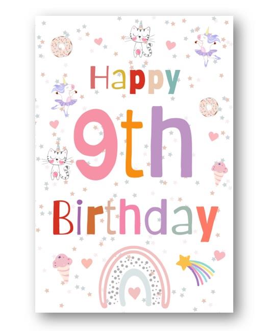 Second Ave 9th Birthday Age 9 Unicorn Cat Ice Cream Children's Kids Happy Birthday Card Greetings Card For Girls