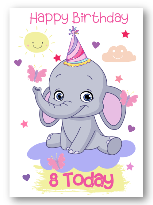 Second Ave Age 8 Children's Kids Elephant 8th Birthday Card Greetings Card