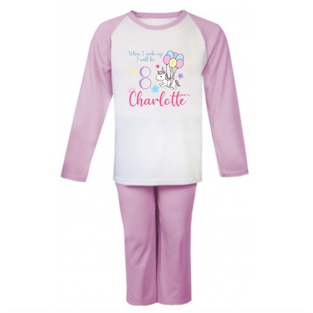 Second Ave Personalised Name Age Unicorn Children's Kids Birthday Pyjamas PJ's Pink/White
