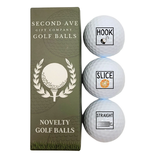 Second Ave Pack of 3 Joke Funny Golf Balls Hook,Slice,Straight Father's Day Christmas Birthday Golfer Gift