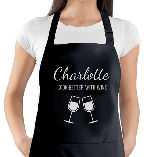 Second Ave Personalised Black Apron Unisex I Cook Better With Wine Baking Cooking Kitchen Apron