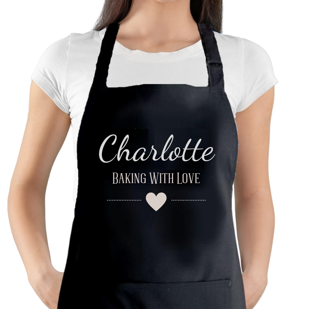 Second Ave Personalised Black Apron Unisex Baking With Love Heart Baking Cooking Kitchen Apron