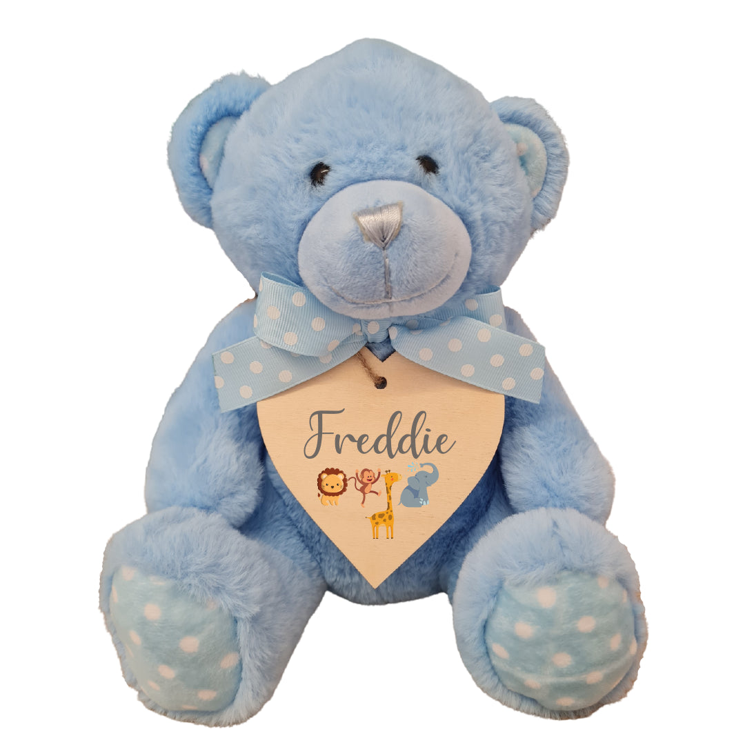 Second Ave Personalised Name Safari Design Blue Teddy Bear Plush Toy With Wooden Heart Tag