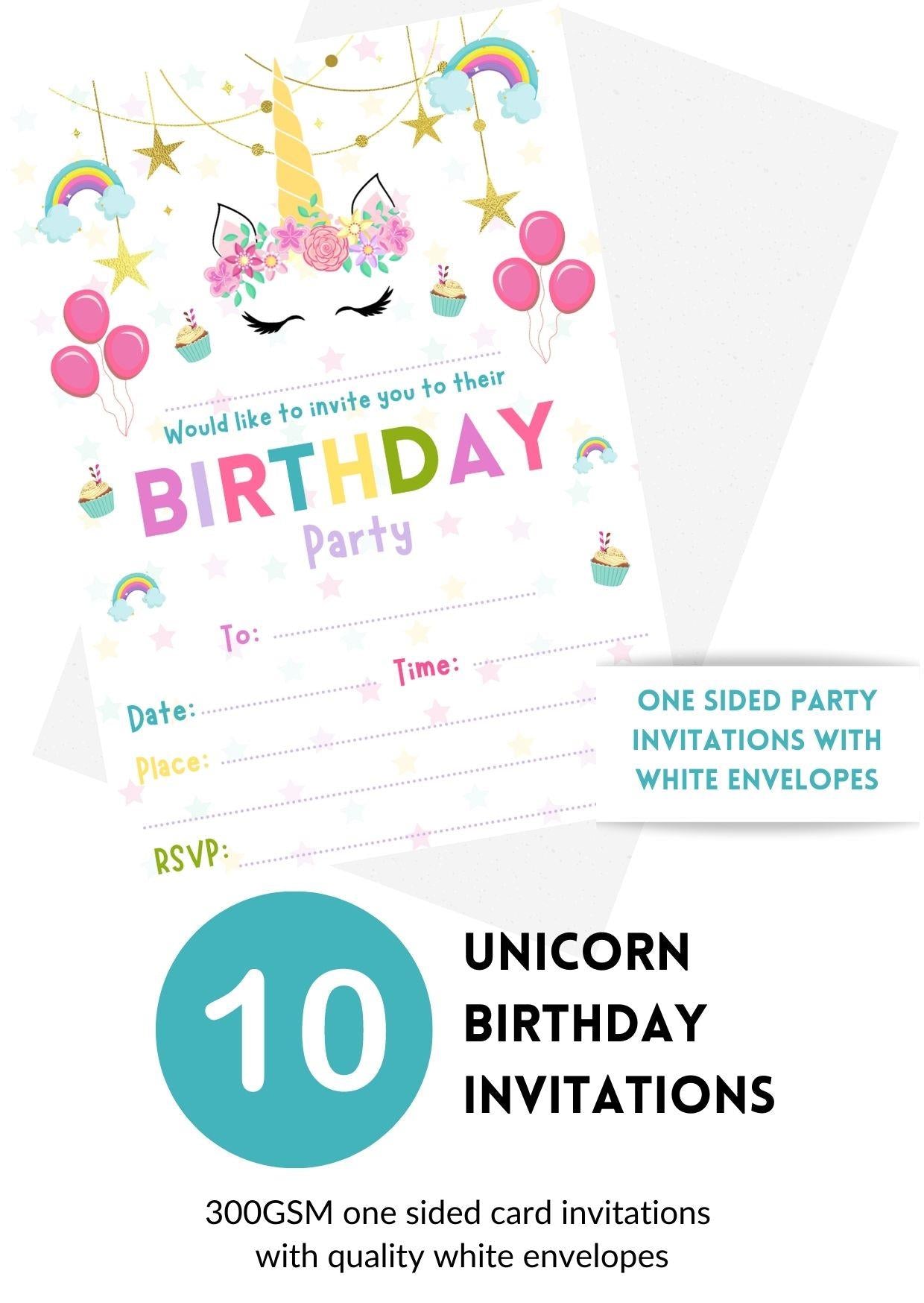 Second Ave 10 Pack Unicorn Birthday Party Invitations Invite With Envelopes For Children Girls