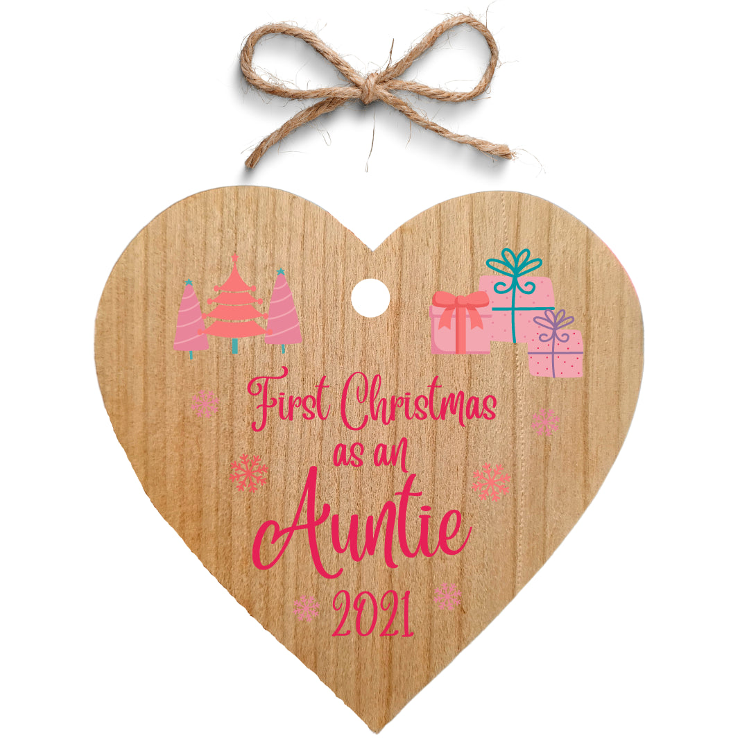 Second Ave First Christmas as an Auntie Cherry Wood Hanging Heart Christmas Xmas Tree Decoration Bauble