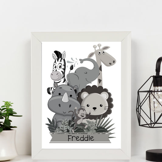 Second Ave A4 White Framed Personalised Children's Kids Safari Animal Black and White Nursery Print Poster Wall Art