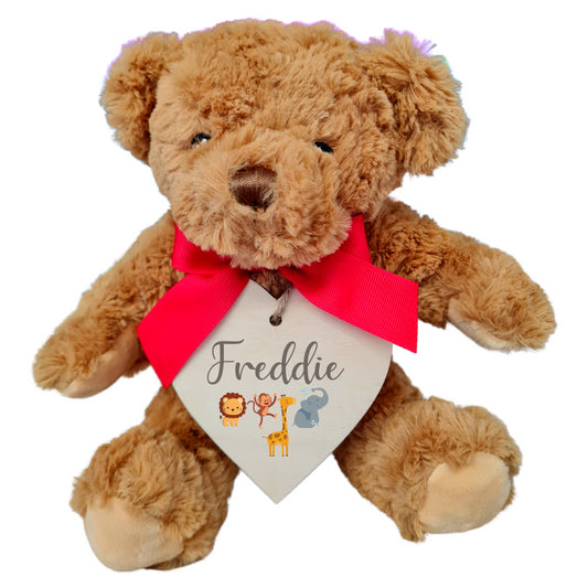 Second Ave Personalised Name Safari Design Brown Teddy Bear Plush Toy With Wooden Heart Tag