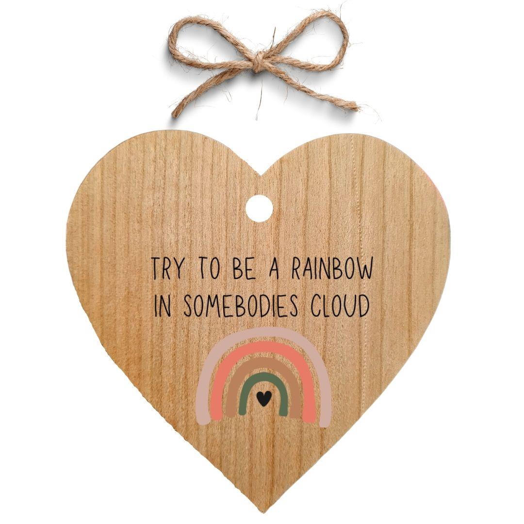 Second Ave Rainbow In Somebodies Cloud Cherry Wood Hanging Heart Gift Friendship Plaque