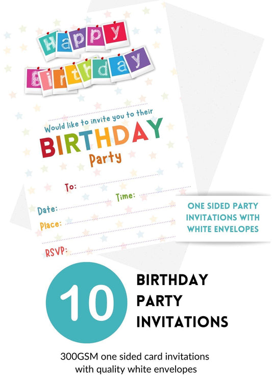 Second Ave 10 Pack Happy Birthday Party Invitations Invite With Envelopes For Children Boys or Girls