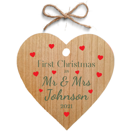 Second Ave Personalised First Christmas as Mr & Mrs Cherry Wood Hanging Heart Christmas Xmas Tree Decoration Bauble