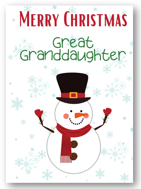 Second Ave Great Granddaughter Snowman Children's Kids Christmas Xmas Holiday Festive Greetings Card