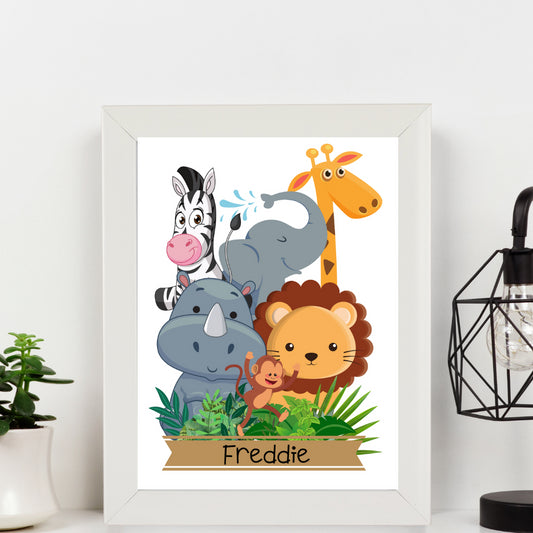 Second Ave A5 White Framed Personalised Children's Kids Safari Animal Nursery Print Poster Wall Art