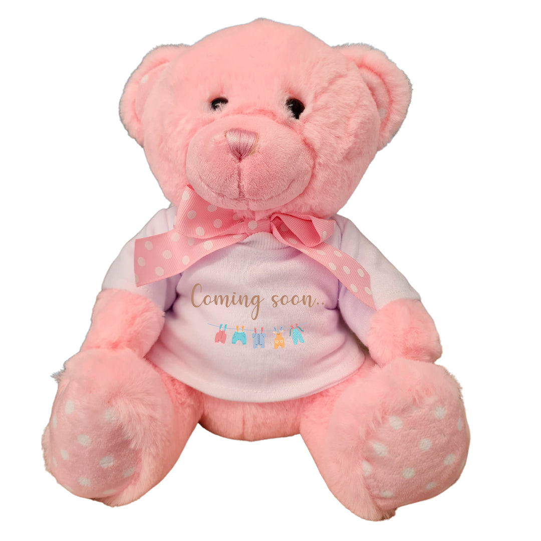 Second Ave Coming Soon Pregnancy Announcement Pink Teddy Bear Plush Toy With White T Shirt