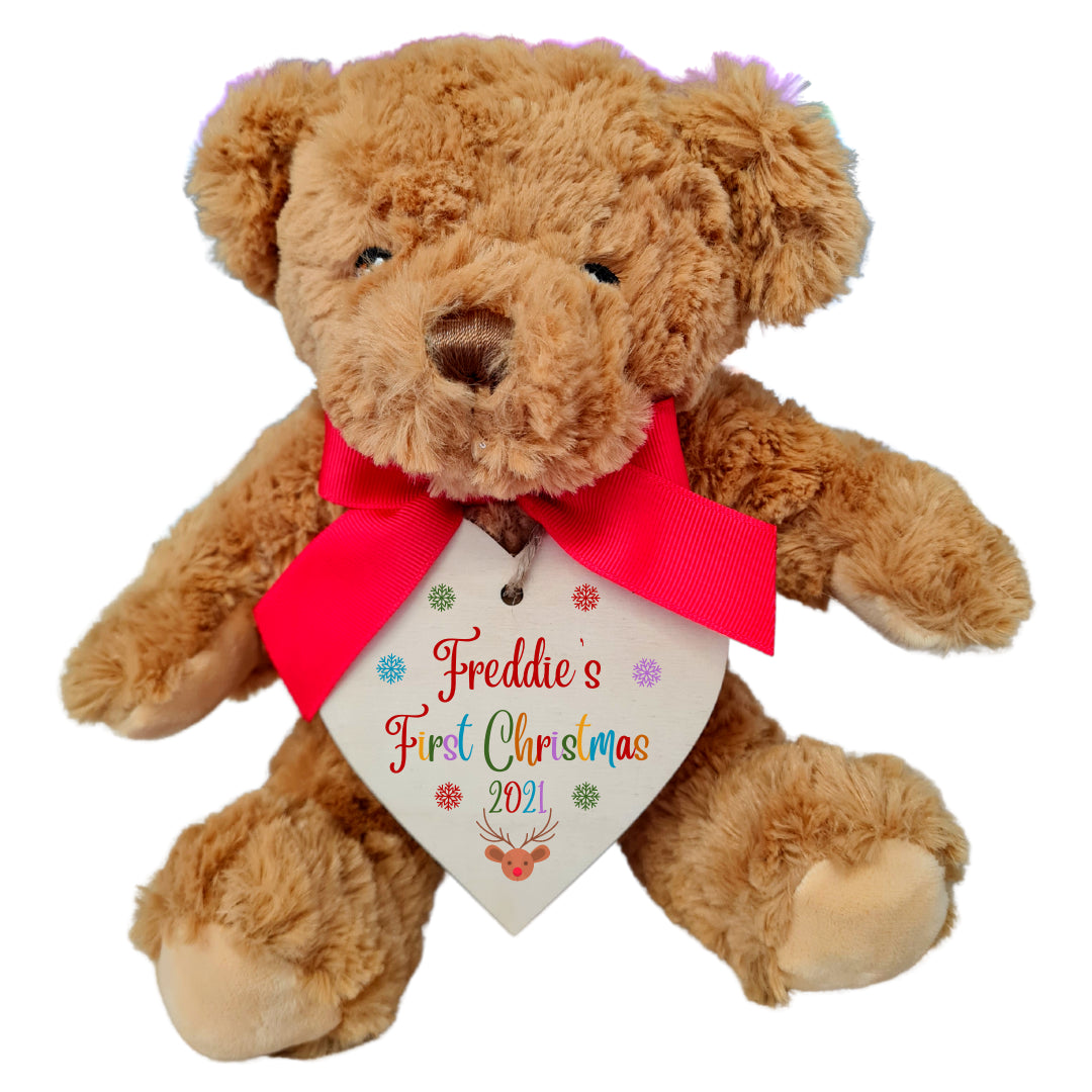 Second Ave Personalised First Christmas Baby Brown Teddy Bear Plush Toy With Wooden Heart Tag Xmas Gift