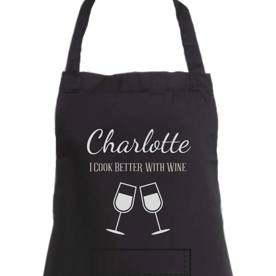 Second Ave Personalised Black Apron Unisex I Cook Better With Wine Baking Cooking Kitchen Apron