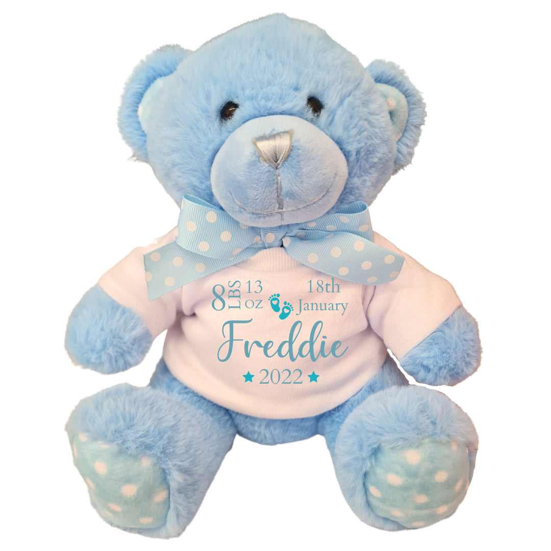 Second Ave Personalised Newborn Baby Blue Teddy Bear Plush Toy With White T Shirt