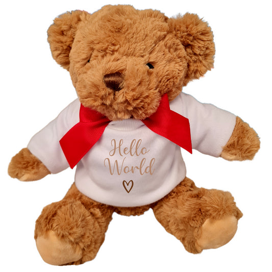 Second Ave Hello World Pregnancy Announcement Brown Teddy Bear Plush Toy With White T Shirt