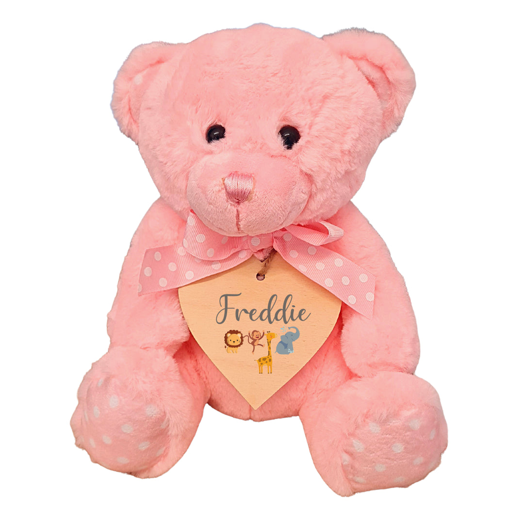 Second Ave Personalised Name Safari Design Pink Teddy Bear Plush Toy With Wooden Heart Tag