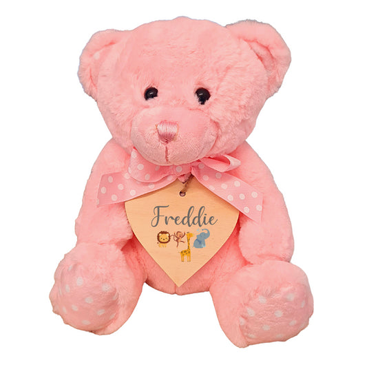 Second Ave Personalised Name Safari Design Pink Teddy Bear Plush Toy With Wooden Heart Tag