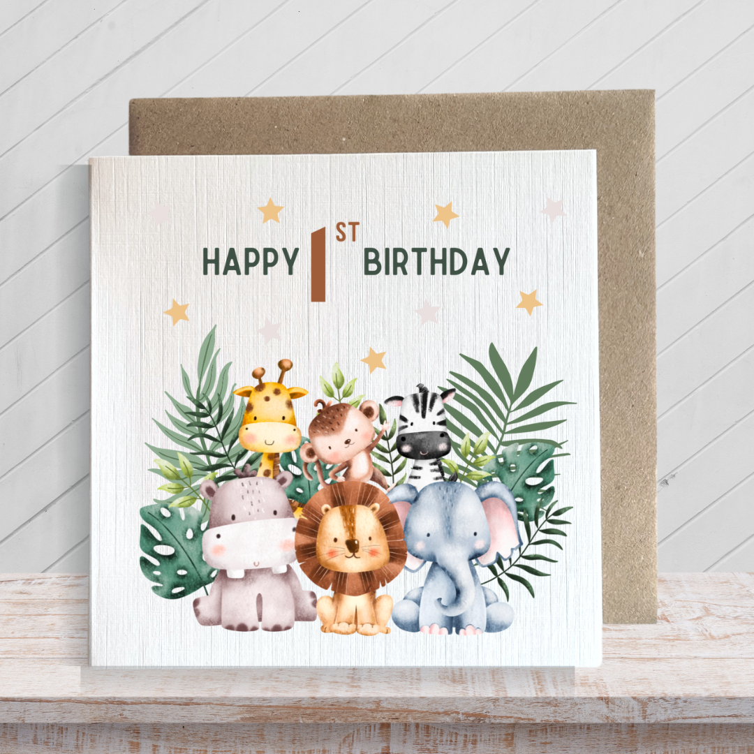 Second Ave 1st Birthday Age 1 Children's Kids Baby Safari Square Card For Boy or Girl Birthday