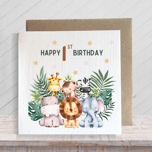 Second Ave 1st Birthday Age 1 Children's Kids Baby Safari Square Card For Boy or Girl Birthday