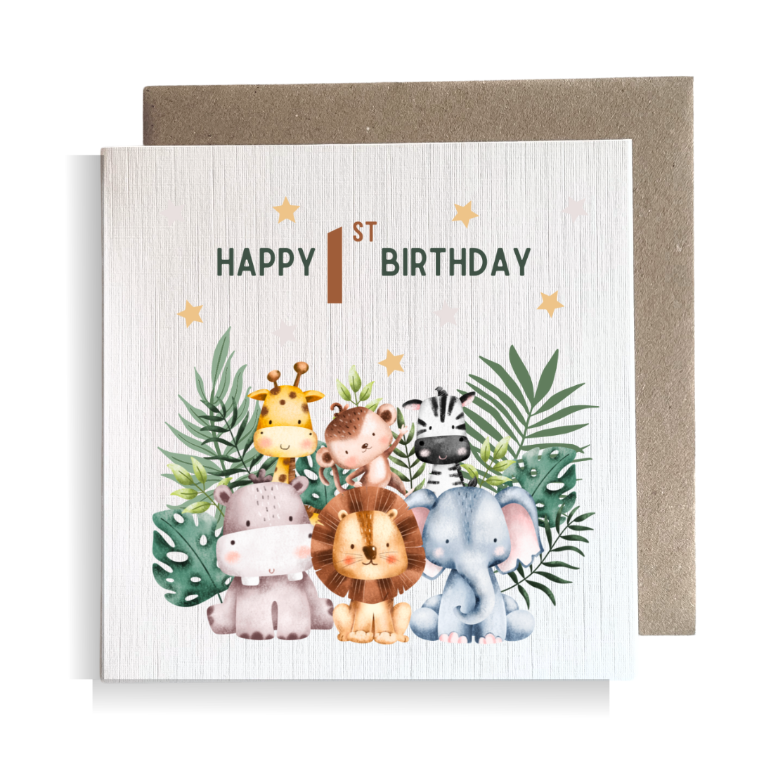 Second Ave 1st Birthday Age 1 Children's Kids Baby Safari Square Card For Boy or Girl Birthday