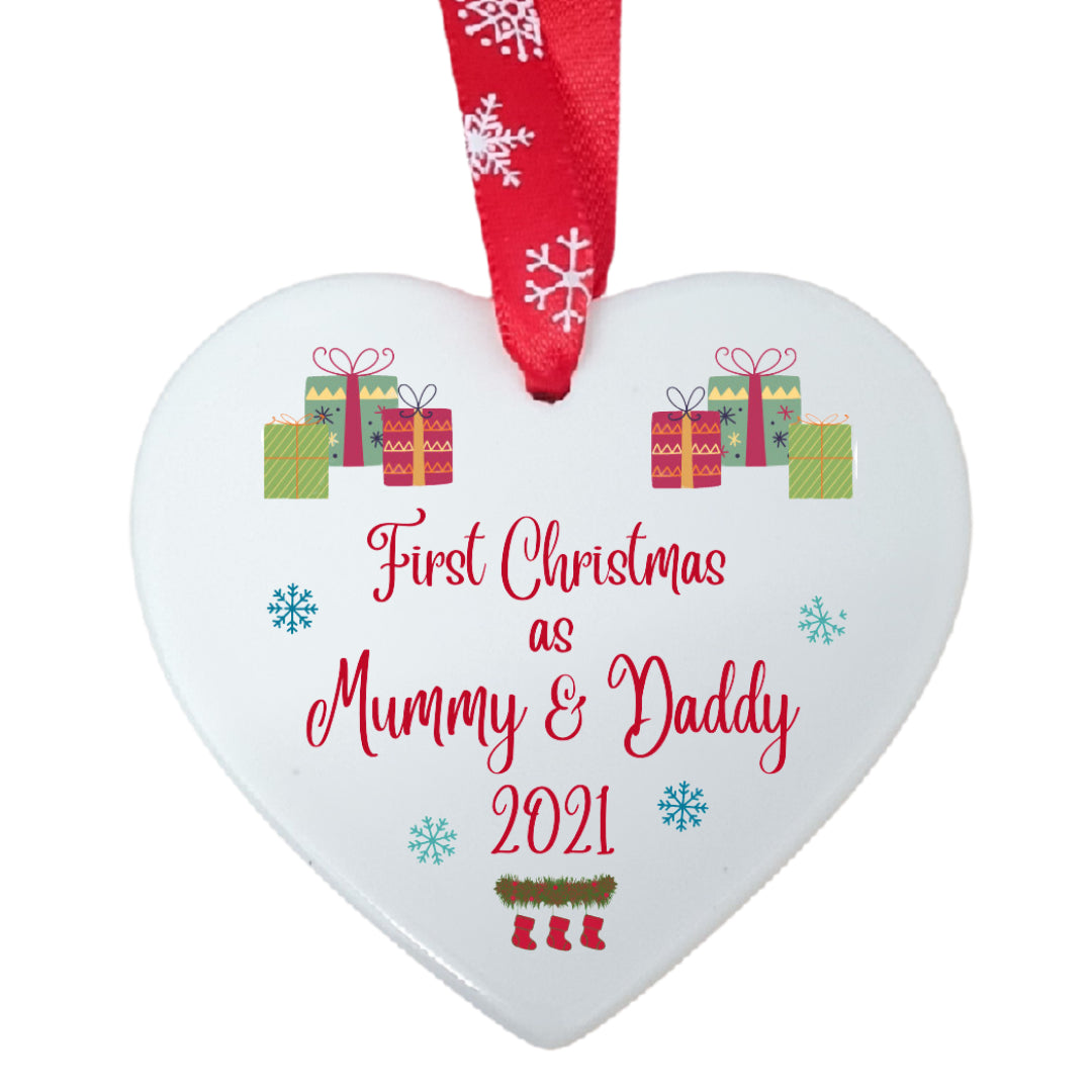 Second Ave First Christmas as Mummy & Daddy White Ceramic Hanging Heart Christmas Xmas Tree Decoration Bauble