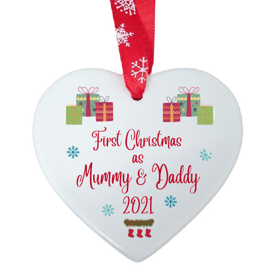 Second Ave First Christmas as Mummy & Daddy White Ceramic Hanging Heart Christmas Xmas Tree Decoration Bauble