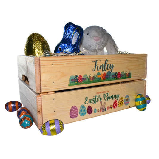 Second Ave Personalised Blue Easter Bunny Wooden Crate Box Easter Egg Treat Children Hamper Gift