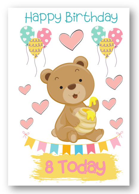 Second Ave Age 8 Children's Kids Bear 8th Birthday Card Greetings Card