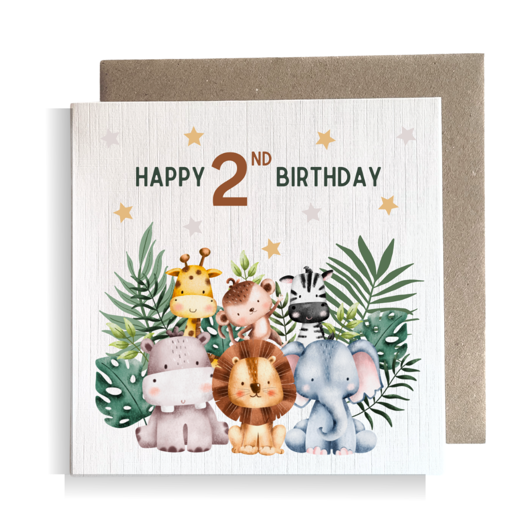 Second Ave 2nd Birthday Age 2 Children's Kids Baby Safari Square Card For Boy or Girl Birthday