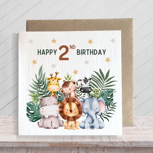 Second Ave 2nd Birthday Age 2 Children's Kids Baby Safari Square Card For Boy or Girl Birthday