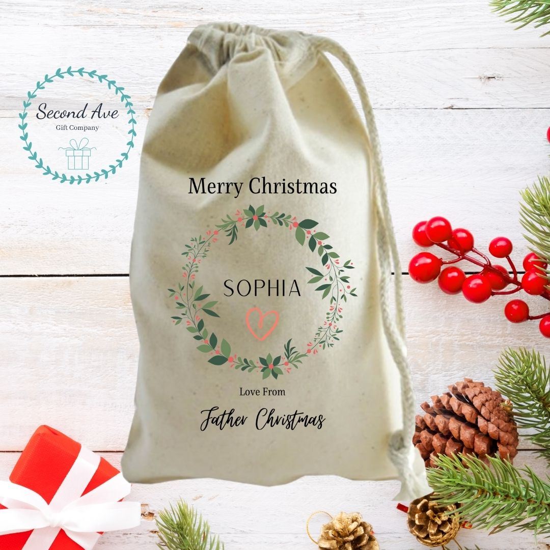 Second Ave Cute Personalised Merry Christmas Wreath Xmas Santa Sack Bag Gift