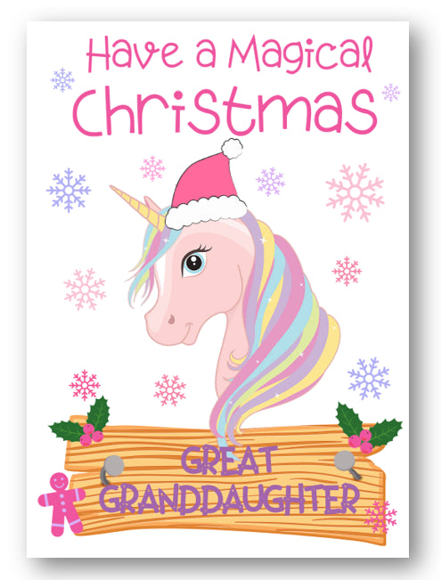 Second Ave Great Granddaughter Unicorn Children's Kids Christmas Xmas Holiday Festive Greetings Card