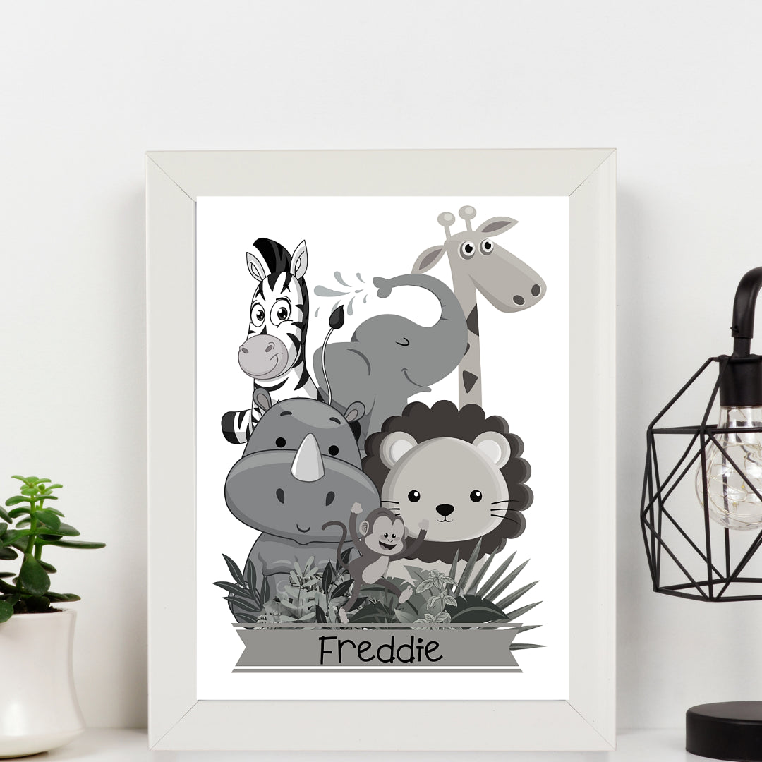 Second Ave A5 White Framed Personalised Children's Kids Safari Animal Black and White Nursery Print Poster Wall Art