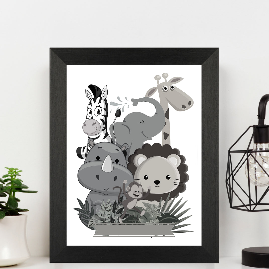 Second Ave A5 Black Framed Children's Kids Safari Animal Black and White Nursery Print Poster Wall Art