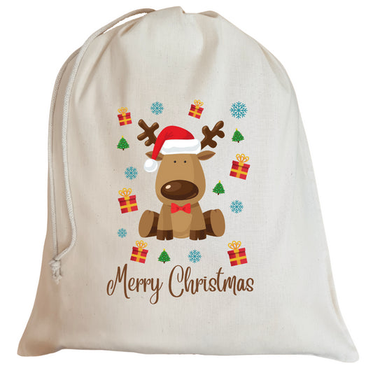 Second Ave Cute Children's Reindeer Cotton Drawstring Christmas Xmas Santa Sack Bag Gift