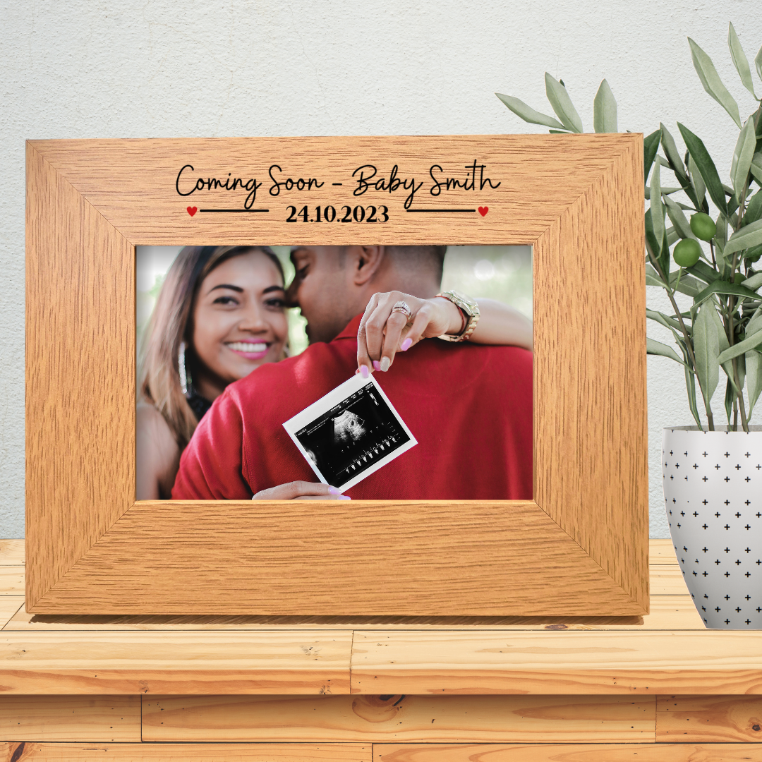 Second Ave Personalised Baby Coming Soon Scan Pregnancy Announcement Oak 6x4 Landscape Picture Photo Frame Gift