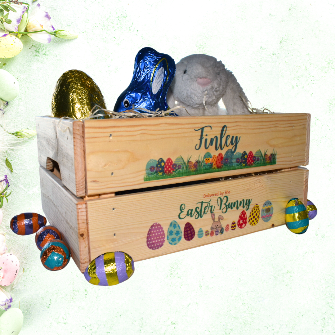 Second Ave Personalised Blue Easter Bunny Wooden Crate Box Easter Egg Treat Children Hamper Gift