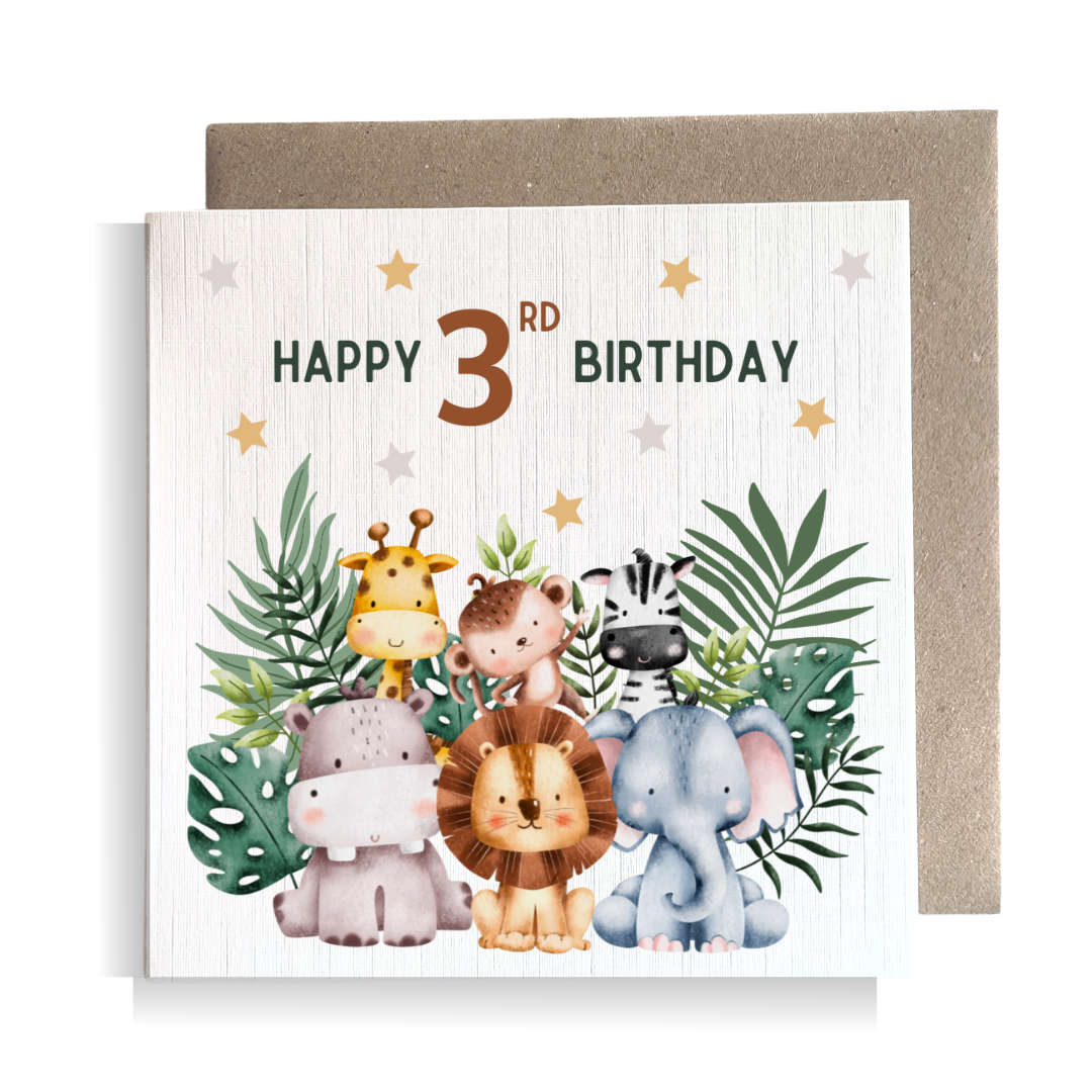 Second Ave 3rd Birthday Age 3 Children's Kids Baby Safari Square Card For Boy or Girl Birthday