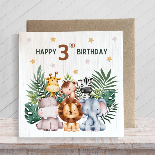 Second Ave 3rd Birthday Age 3 Children's Kids Baby Safari Square Card For Boy or Girl Birthday