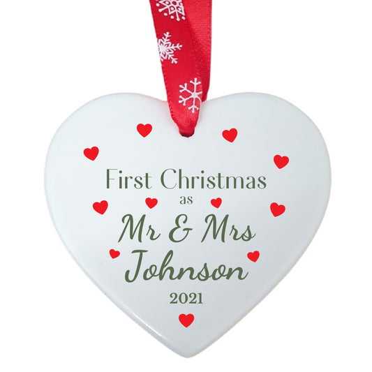 Second Ave Personalised First Christmas as Mr & Mrs White Ceramic Hanging Heart Christmas Xmas Tree Decoration Bauble