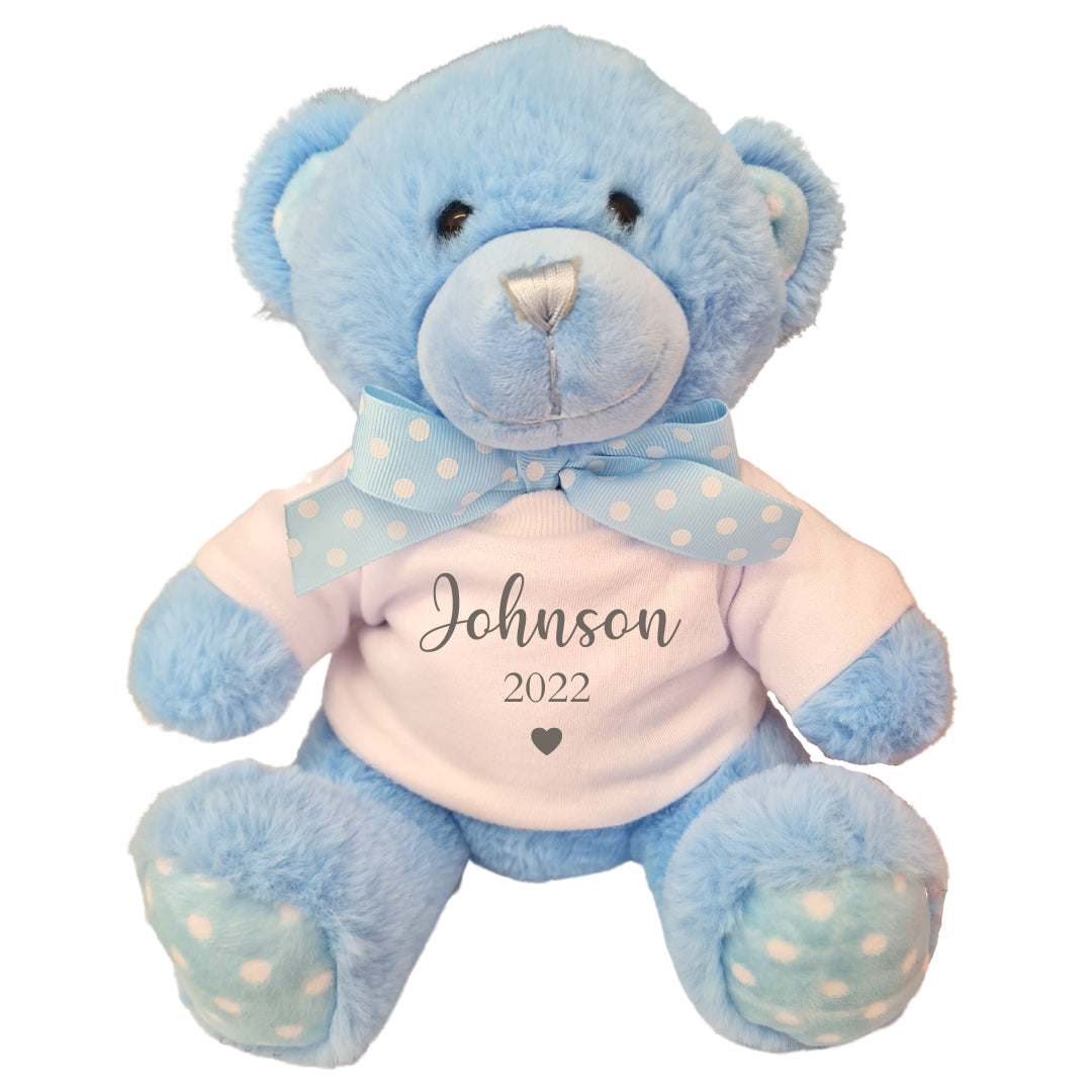 Second Ave Personalised Name Pregnancy Announcement Blue Teddy Bear Plush Toy With White T Shirt