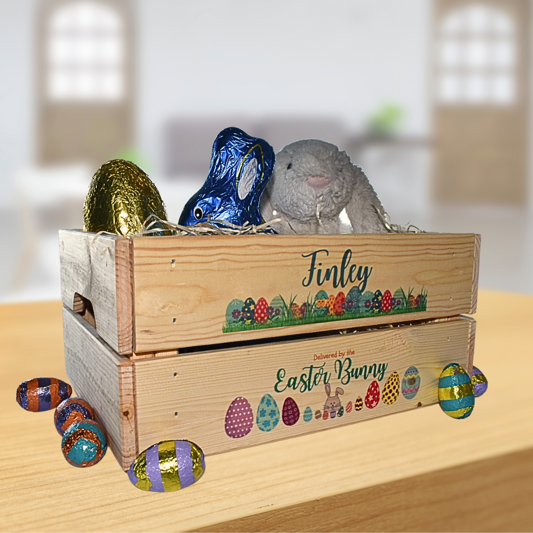 Second Ave Personalised Blue Easter Bunny Wooden Crate Box Easter Egg Treat Children Hamper Gift