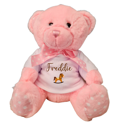 Second Ave Personalised Name Horse Design Pink Teddy Bear Plush Toy With White T Shirt