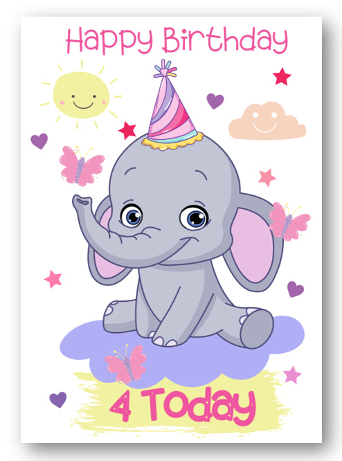 Second Ave Age 4 Children's Kids Elephant 4th Birthday Card Greetings Card