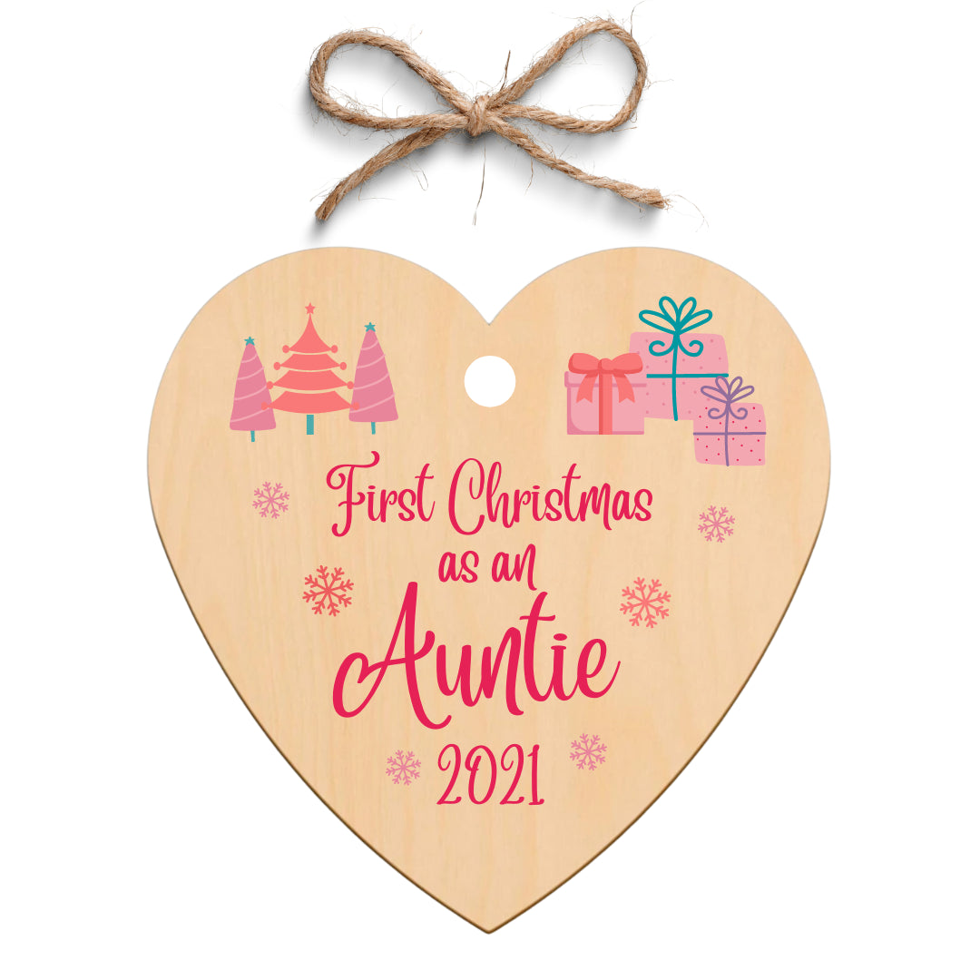 Second Ave First Christmas as an Auntie Wooden Hanging Heart Christmas Xmas Tree Decoration Bauble